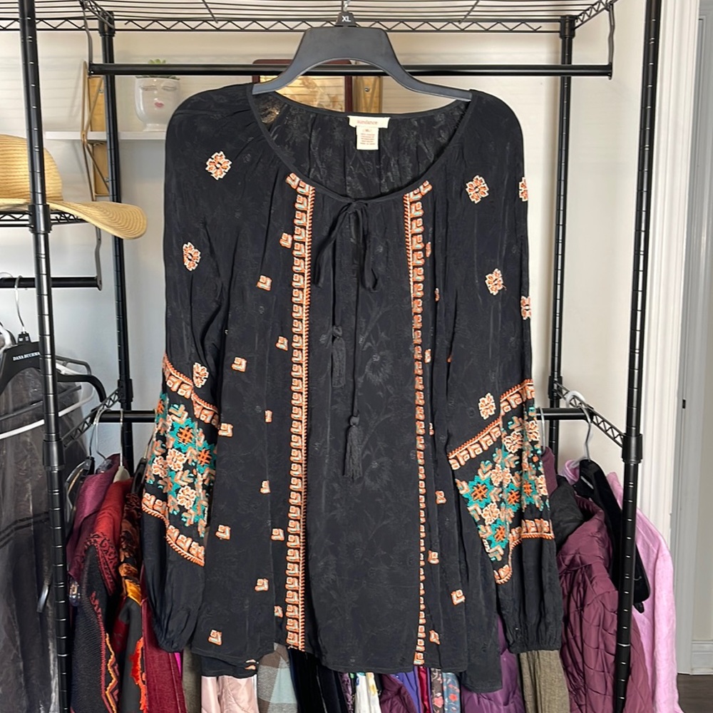 NWOT Sundance Black Embroidered Long Sleeve Boho Blouse XL